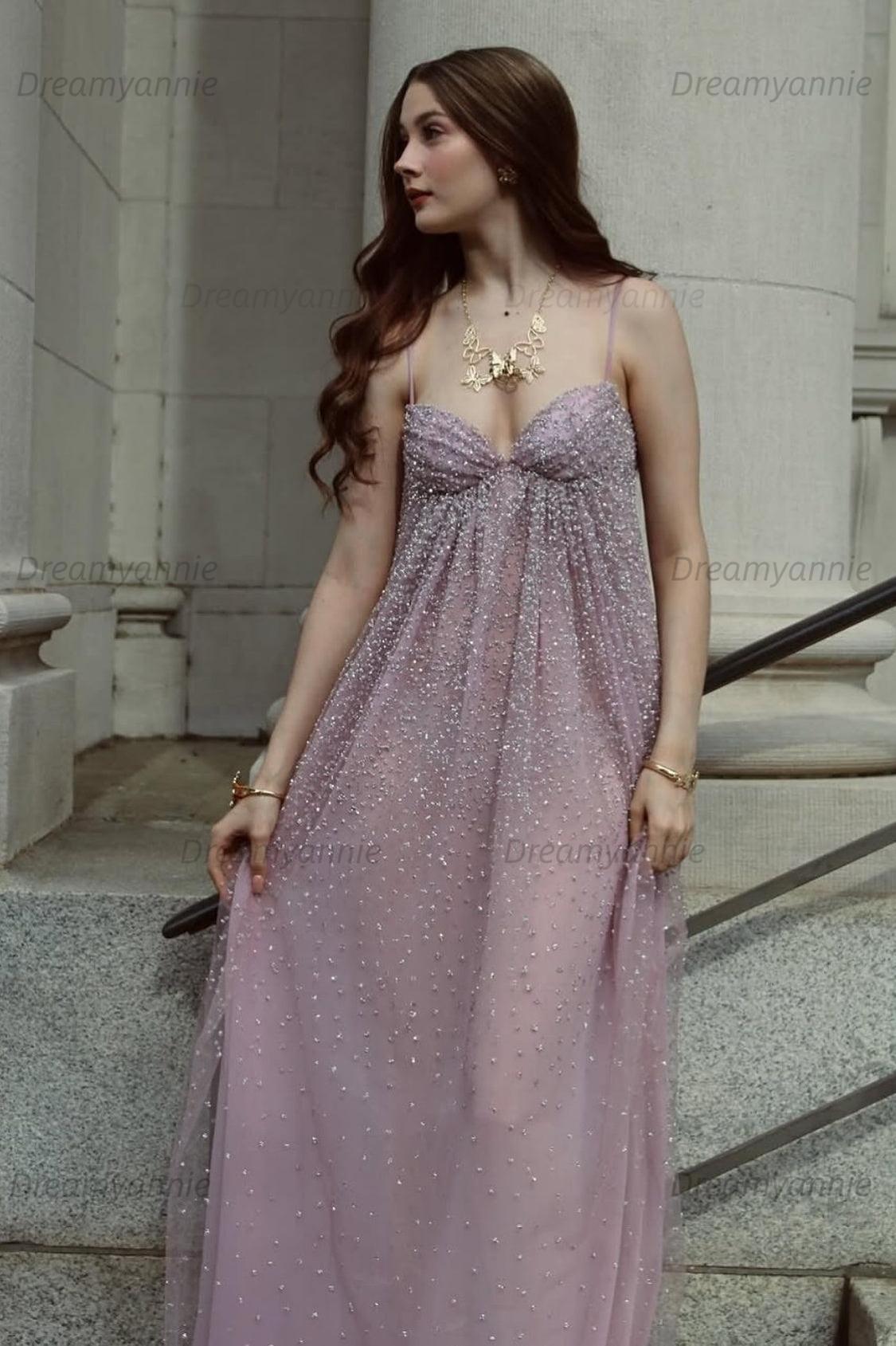 Bling A Line Spaghetti Straps Grey Blue Long Party Dress With Beading Formal Evening Gown