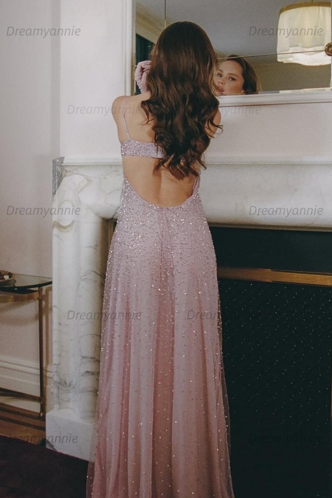 Bling A Line Spaghetti Straps Grey Blue Long Party Dress With Beading Formal Evening Gown