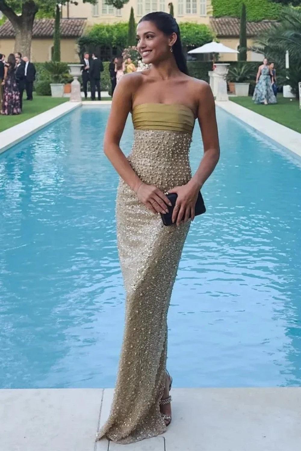 Sheath Strapless Lilac Long Prom Dress With Pearls Slit Formal Evening Gown
