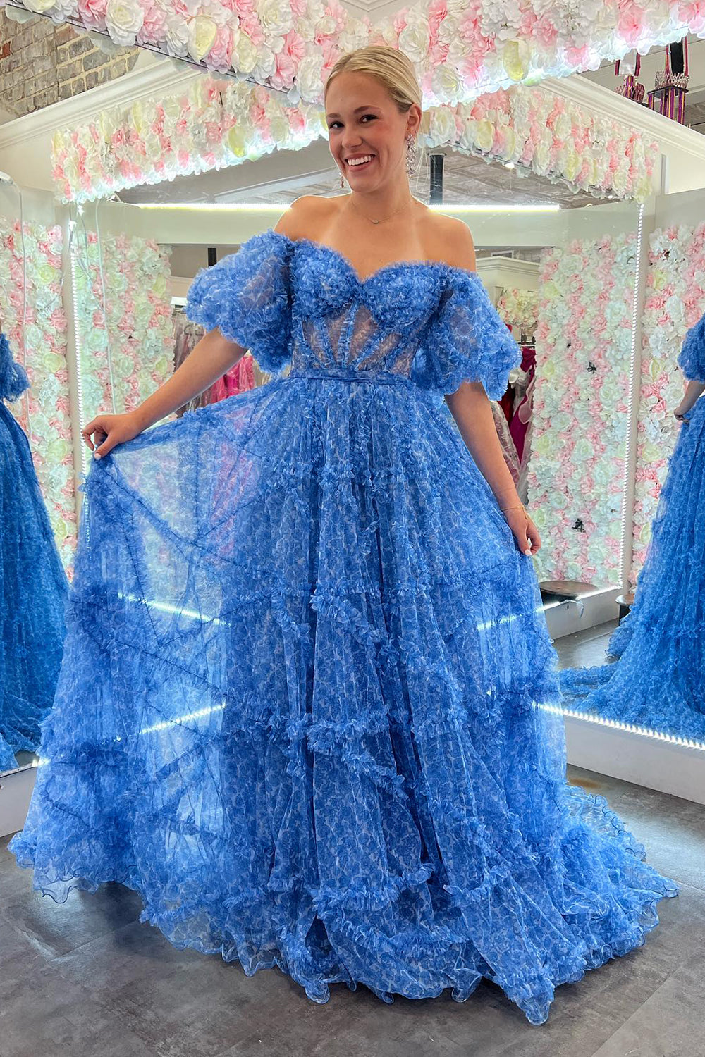 Blue A Line Corset Long Tulle Floral Prom Dress with Ruffles