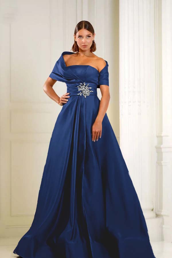 Blue A Line Prom Dress Asymmetric Neck Beaded Evening Dress