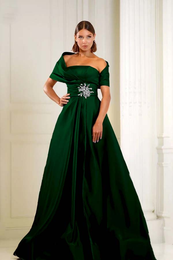 Blue A Line Prom Dress Asymmetric Neck Beaded Evening Dress