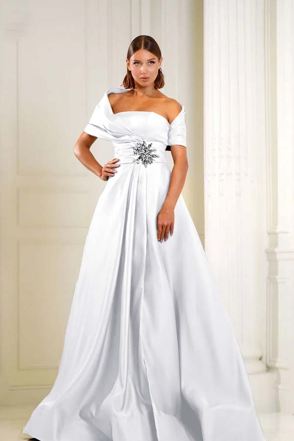 Blue A Line Prom Dress Asymmetric Neck Beaded Evening Dress