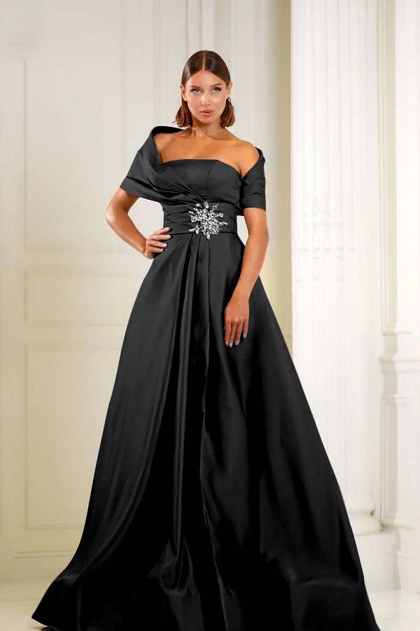 Blue A Line Prom Dress Asymmetric Neck Beaded Evening Dress
