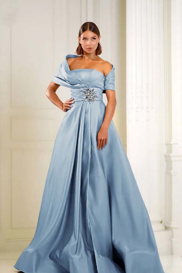 Blue A Line Prom Dress Asymmetric Neck Beaded Evening Dress