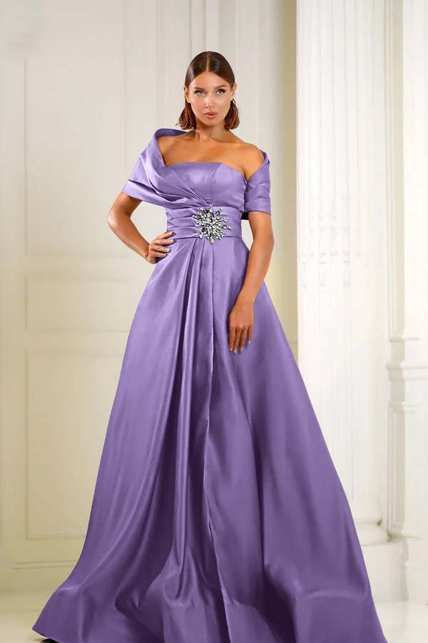 Blue A Line Prom Dress Asymmetric Neck Beaded Evening Dress