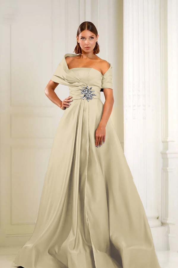 Blue A Line Prom Dress Asymmetric Neck Beaded Evening Dress
