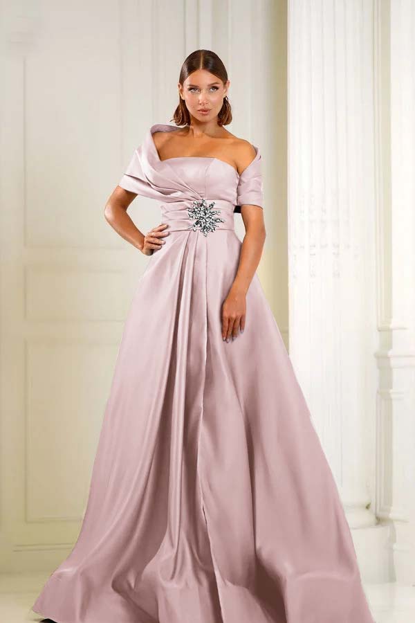 Blue A Line Prom Dress Asymmetric Neck Beaded Evening Dress