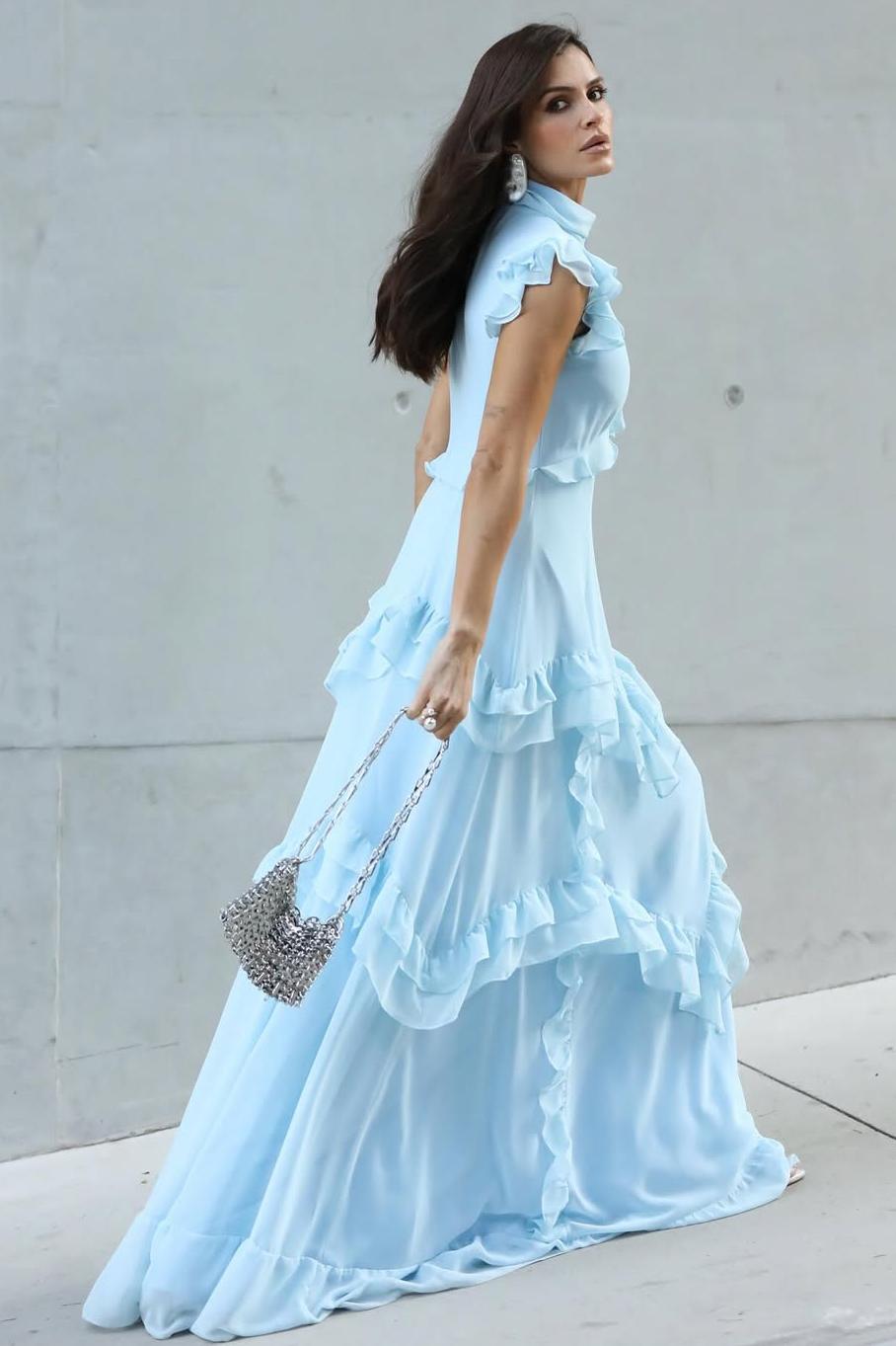 Blue A Line Prom Dress High Neck Ruffled Evening Dress