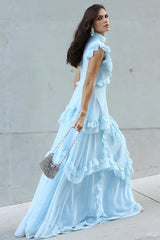 Blue A Line Prom Dress High Neck Ruffled Evening Dress