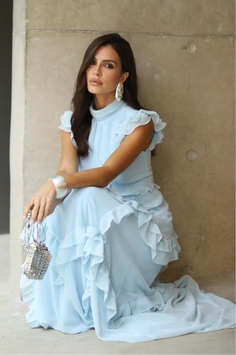 Blue A Line Prom Dress High Neck Ruffled Evening Dress