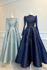 Blue A Line Prom Dress Long Sleeve High Neck Beaded Evening Dress
