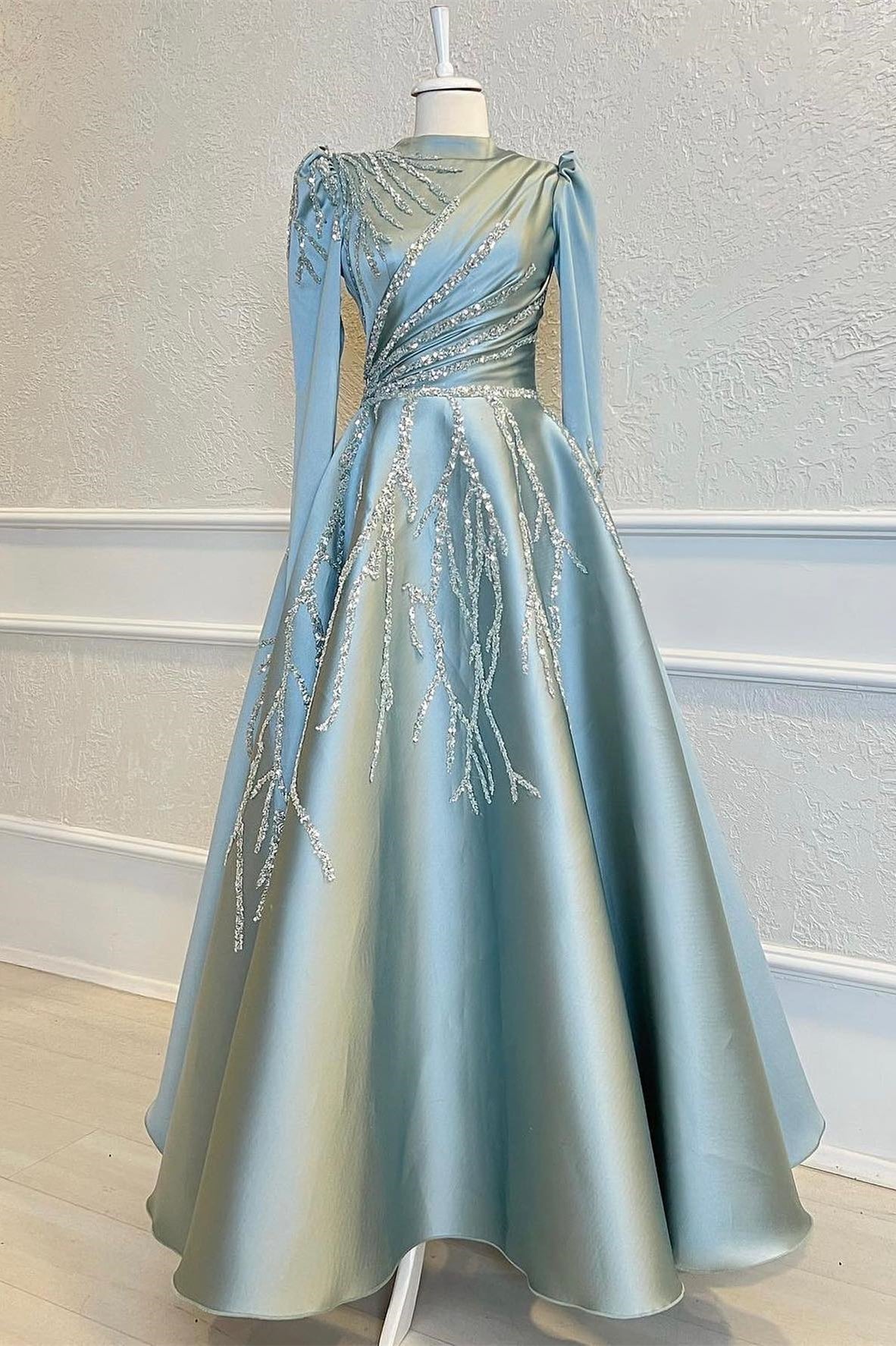 Blue A Line Prom Dress Long Sleeve High Neck Beaded Evening Dress