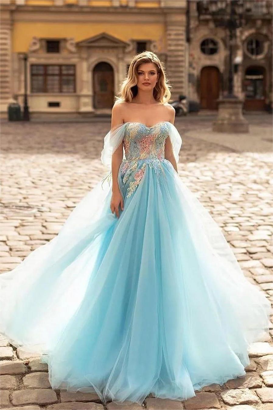 Blue A Line Prom Dress Off the Shoulder Evening Dress With Lace Appliques