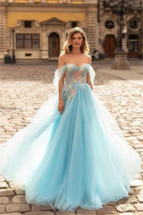 Blue A Line Prom Dress Off the Shoulder Evening Dress With Lace Appliques