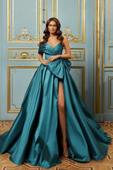 Blue A Line Prom Dress One Shoulder Satin Evening Dress
