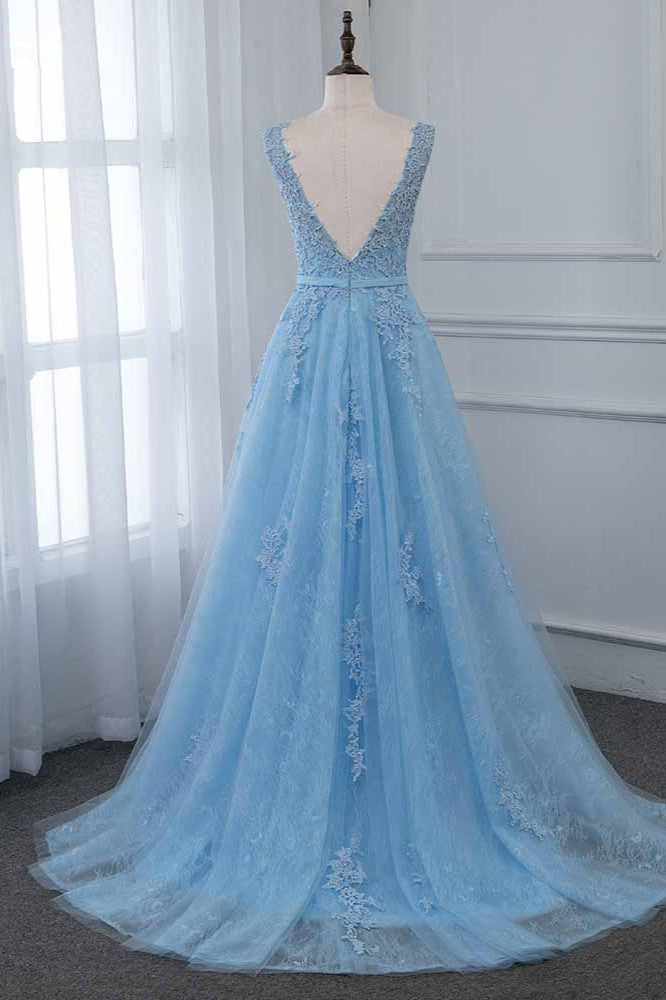 Blue A Line Prom Dress Sleeveless Evening Dress With Lace Appliques