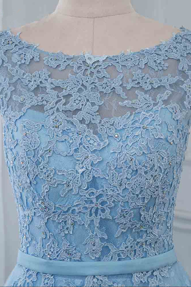 Blue A Line Prom Dress Sleeveless Evening Dress With Lace Appliques