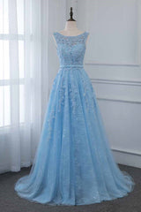 Blue A Line Prom Dress Sleeveless Evening Dress With Lace Appliques