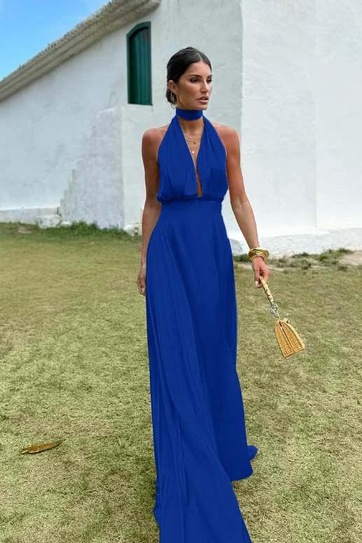 Blue A Line Prom Dress Sleeveless Halter Neck Satin Evening Dress