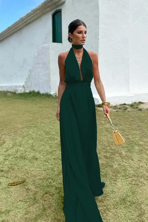Blue A Line Prom Dress Sleeveless Halter Neck Satin Evening Dress