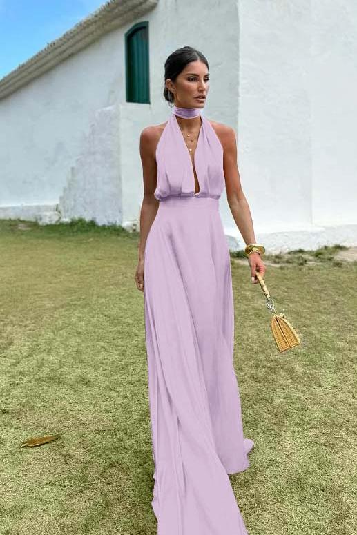 Blue A Line Prom Dress Sleeveless Halter Neck Satin Evening Dress