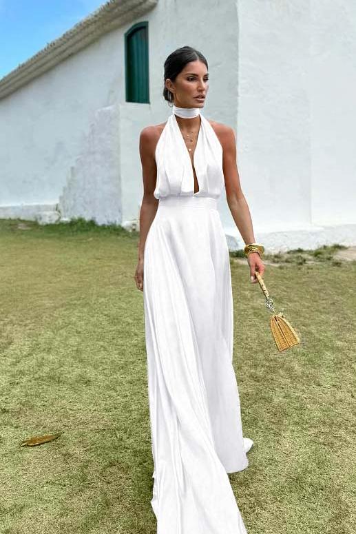 Blue A Line Prom Dress Sleeveless Halter Neck Satin Evening Dress