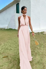 Blue A Line Prom Dress Sleeveless Halter Neck Satin Evening Dress