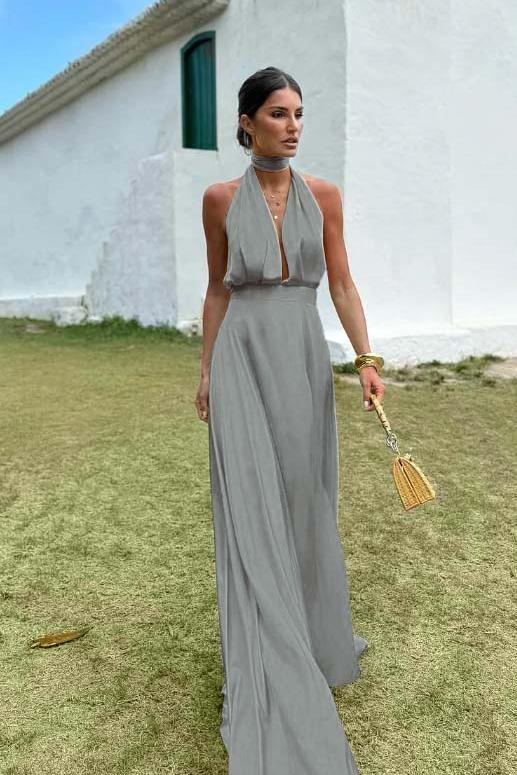 Blue A Line Prom Dress Sleeveless Halter Neck Satin Evening Dress
