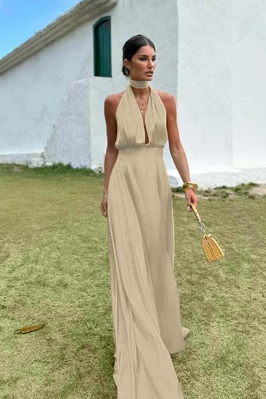 Blue A Line Prom Dress Sleeveless Halter Neck Satin Evening Dress