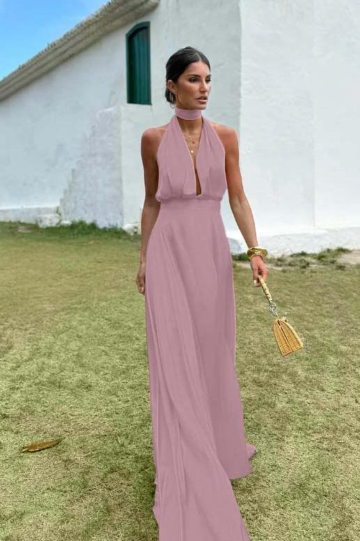 Blue A Line Prom Dress Sleeveless Halter Neck Satin Evening Dress