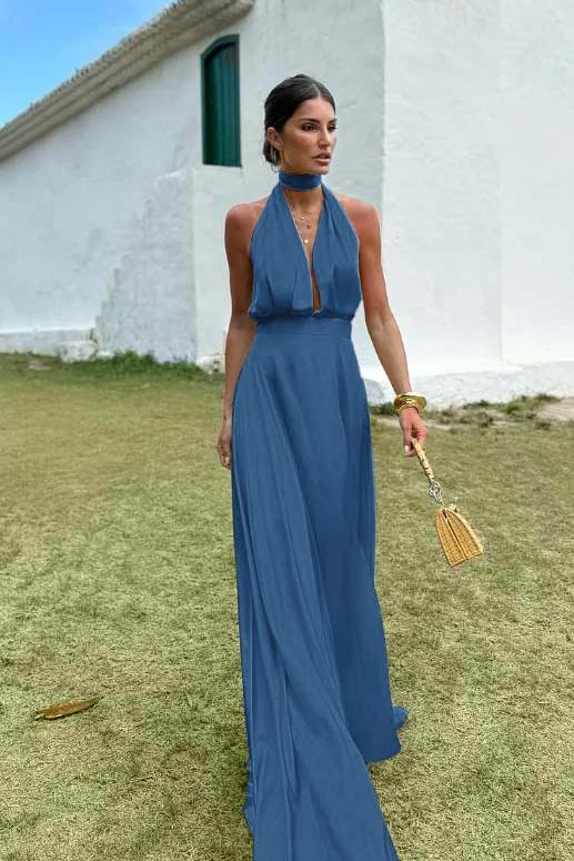Blue A Line Prom Dress Sleeveless Halter Neck Satin Evening Dress