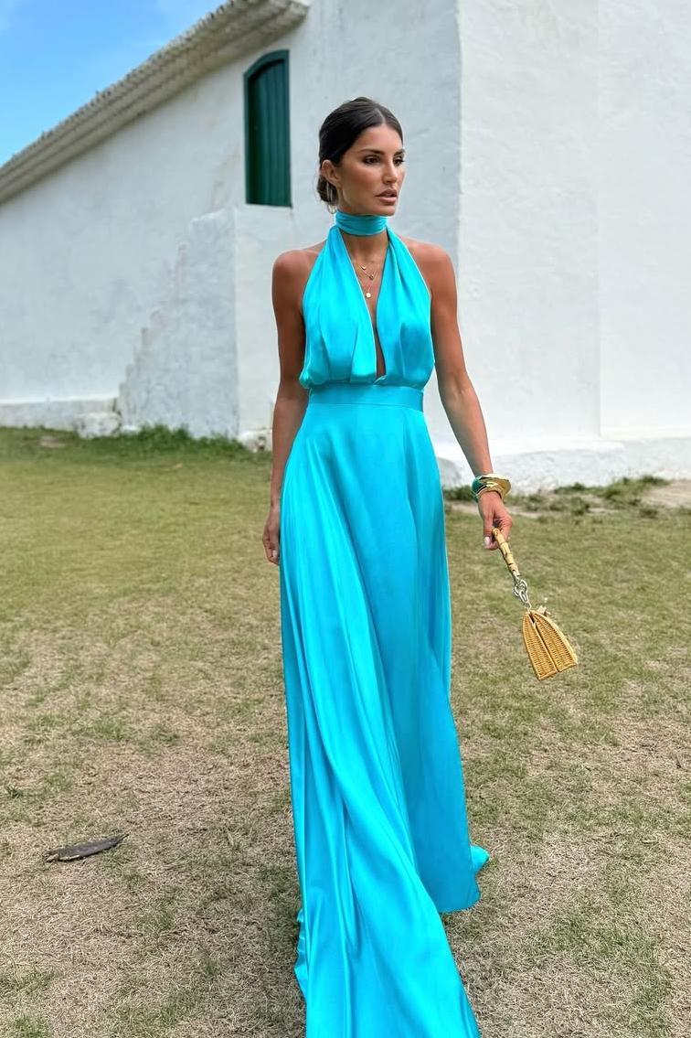 Blue A Line Prom Dress Sleeveless Halter Neck Satin Evening Dress