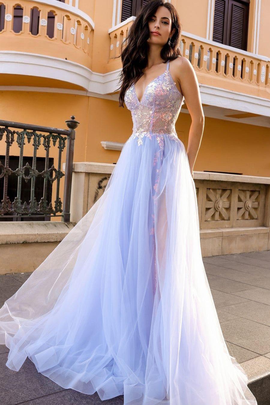 Blue A Line Prom Dress Sleeveless Spaghetti Straps Evening Dress With Lace Appliques