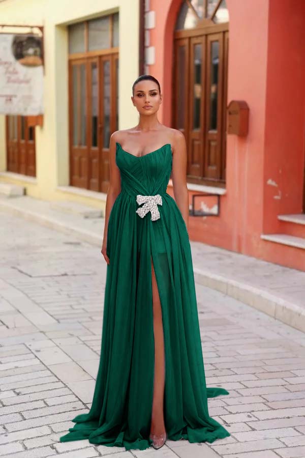 Blue A Line Prom Dress Sleeveless Strapless Beaded Evening Dress