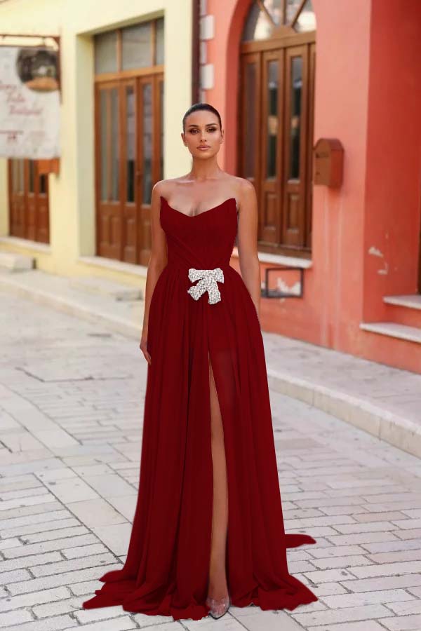 Blue A Line Prom Dress Sleeveless Strapless Beaded Evening Dress