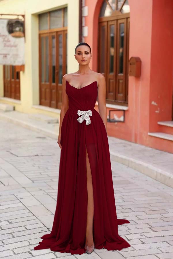 Blue A Line Prom Dress Sleeveless Strapless Beaded Evening Dress