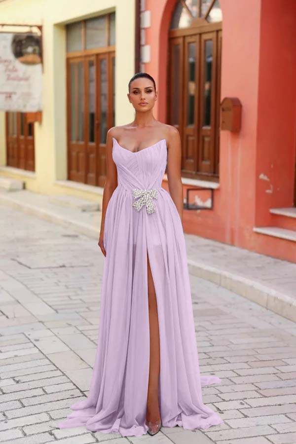 Blue A Line Prom Dress Sleeveless Strapless Beaded Evening Dress