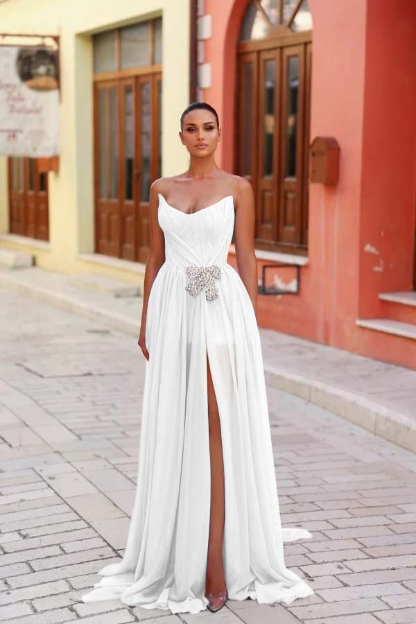 Blue A Line Prom Dress Sleeveless Strapless Beaded Evening Dress