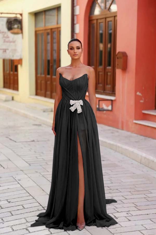 Blue A Line Prom Dress Sleeveless Strapless Beaded Evening Dress