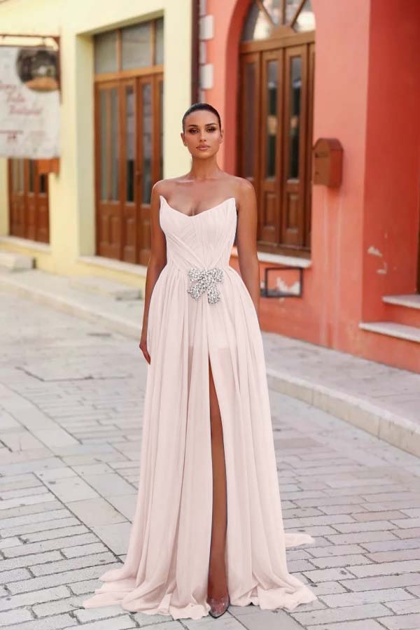 Blue A Line Prom Dress Sleeveless Strapless Beaded Evening Dress
