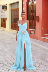 Blue A Line Prom Dress Sleeveless Strapless Beaded Evening Dress