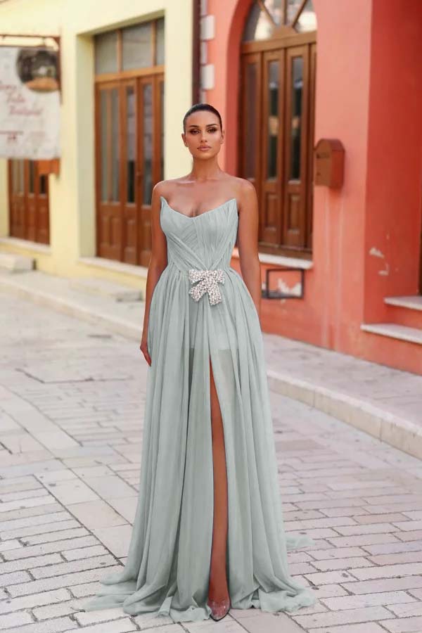 Blue A Line Prom Dress Sleeveless Strapless Beaded Evening Dress
