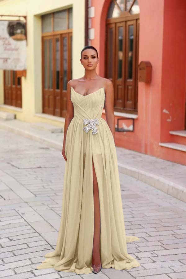 Blue A Line Prom Dress Sleeveless Strapless Beaded Evening Dress