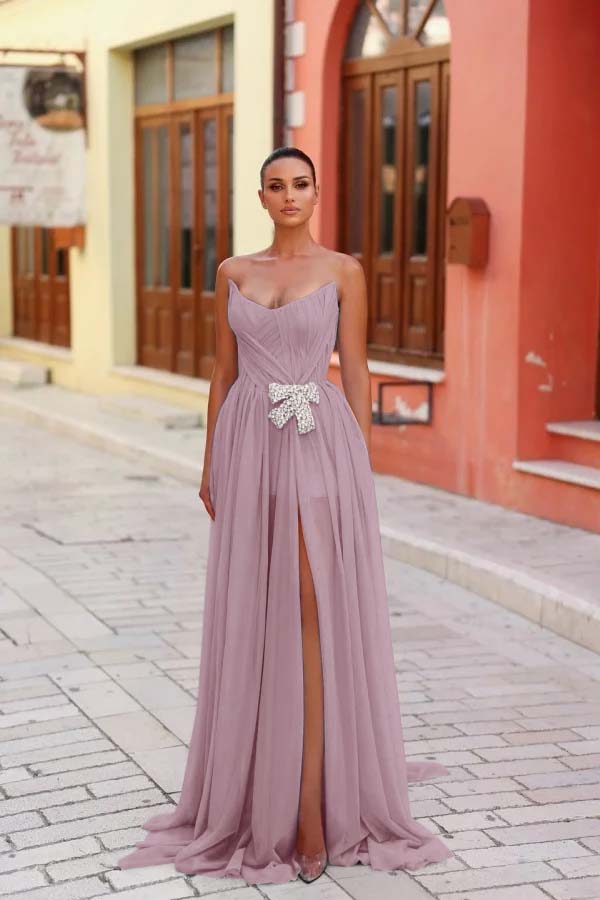 Blue A Line Prom Dress Sleeveless Strapless Beaded Evening Dress
