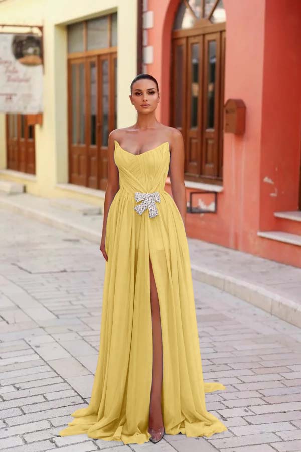 Blue A Line Prom Dress Sleeveless Strapless Beaded Evening Dress