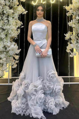 Blue A Line Prom Dress Sleeveless Strapless Evening Dress With 3D Flowers