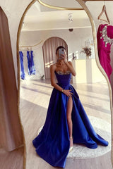 Blue A Line Prom Dress Sleeveless Sweetheart Beaded Evening Dress