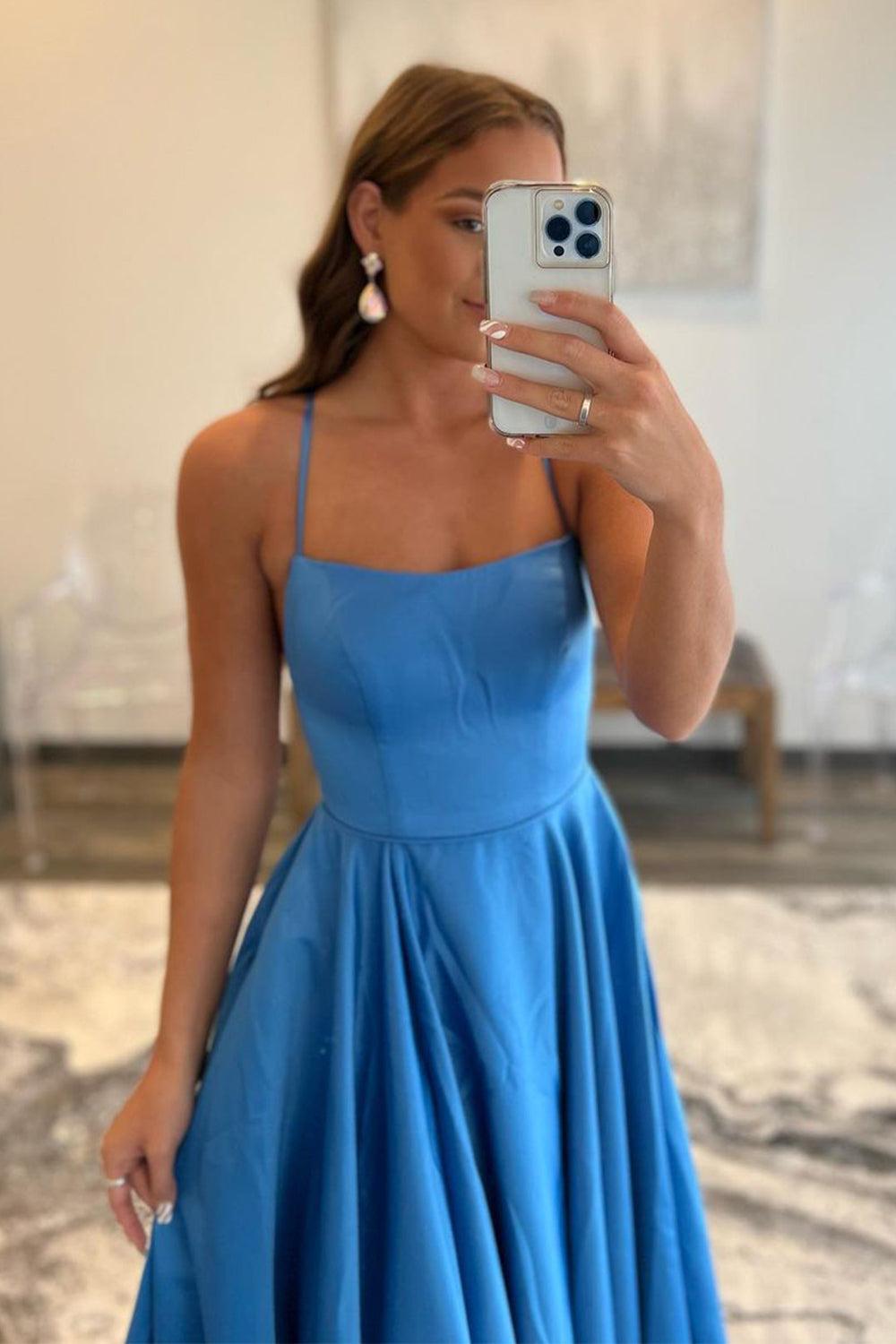 Blue A Line Prom Dress Spaghetti Straps Simple Evening Dress with Pockets