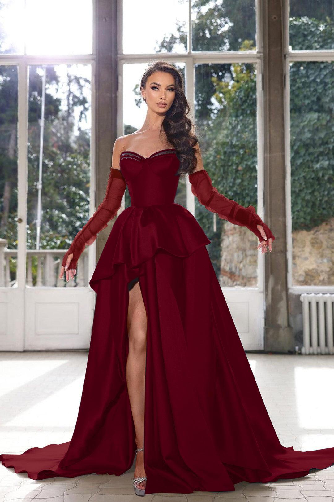 Blue A-Line Prom Dress Strapless Long Sleeves Formal Evening Dresses with Slit